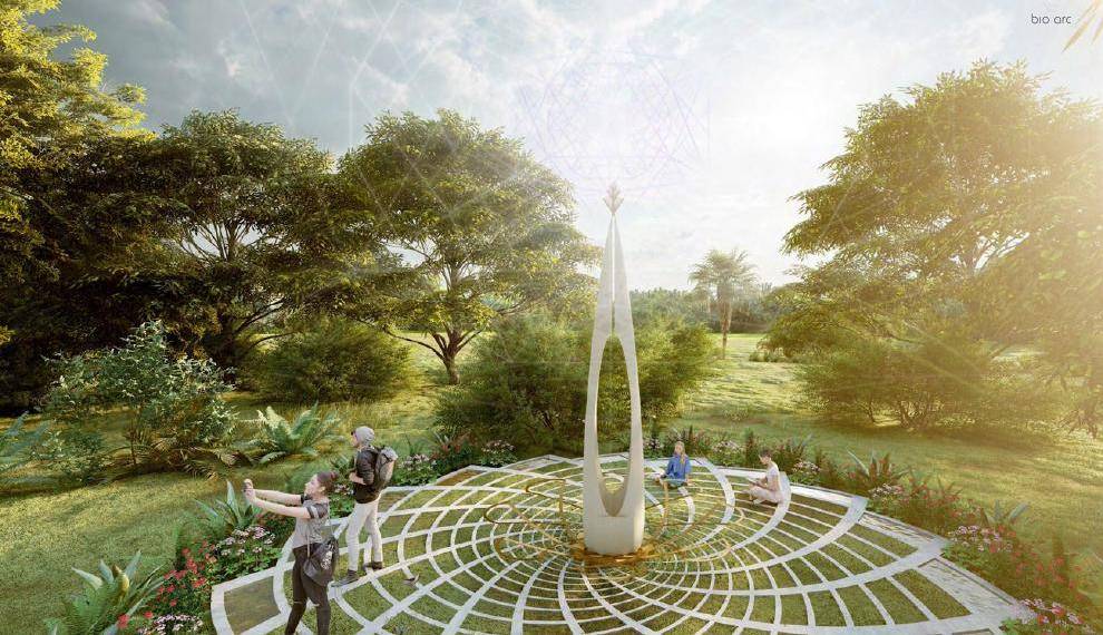 A slender spire at the centre of a garden spiral